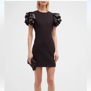 NWT Alice + Olivia Black Eunice Vegan Leather Ruffle-sleeve Mini Dress Size 12